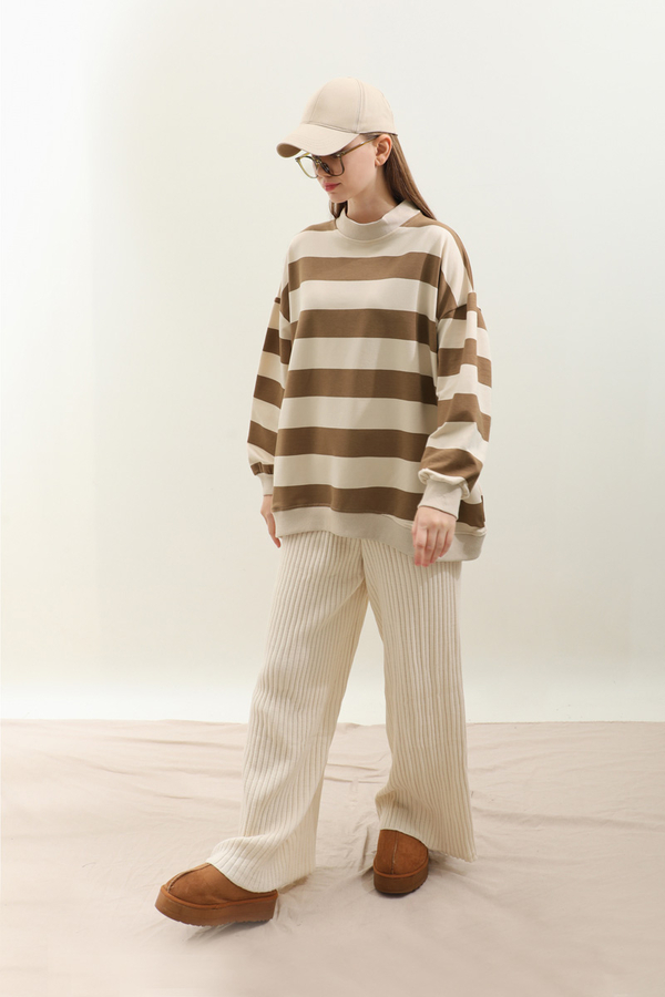 Çizgili Basic Sweat Taba - 2