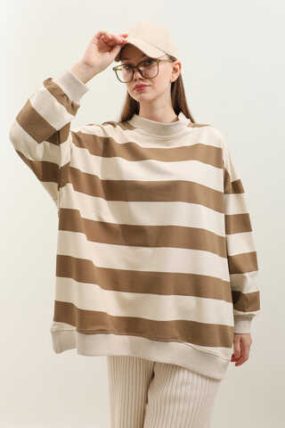 Çizgili Basic Sweat Taba - 1