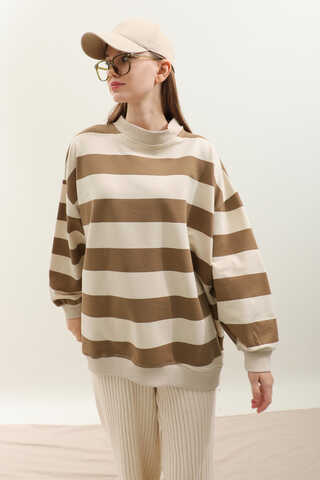Çizgili Basic Sweat Taba - 5