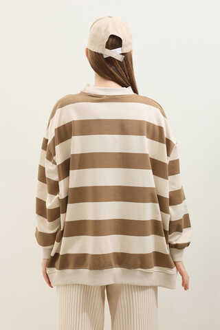 Çizgili Basic Sweat Taba - 8
