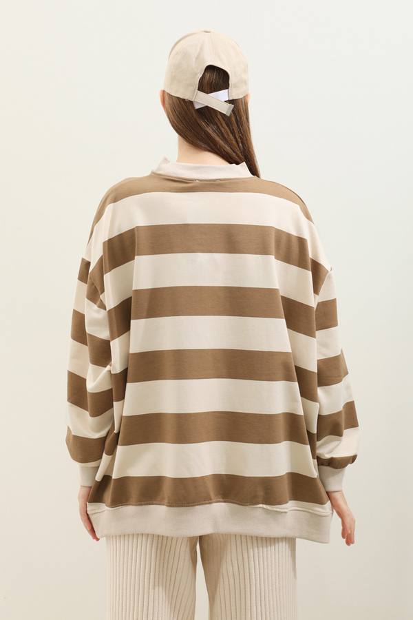 Çizgili Basic Sweat Taba - 8