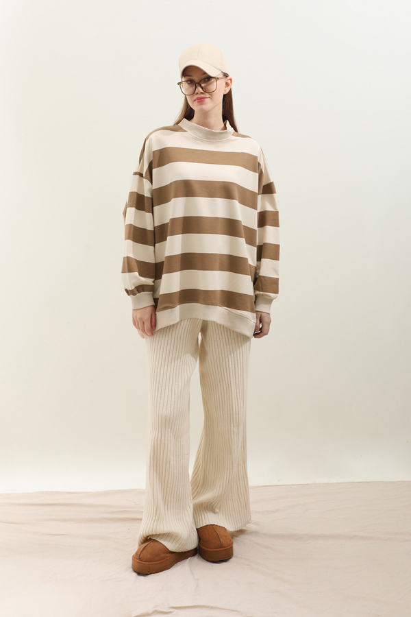 Çizgili Basic Sweat Taba - 3