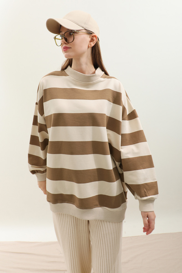 Çizgili Basic Sweat Taba - 5