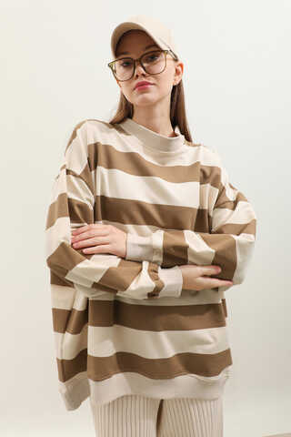 Çizgili Basic Sweat Taba - 6