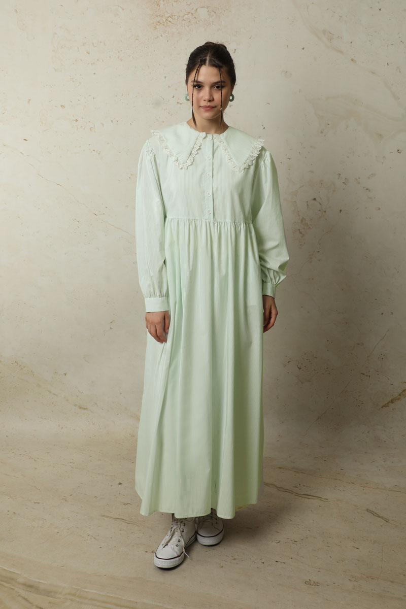 Çizgili Bebe Yaka Elbise Mint