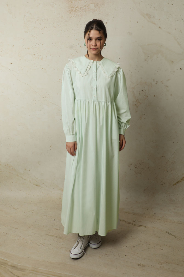 Çizgili Bebe Yaka Elbise Mint - 1