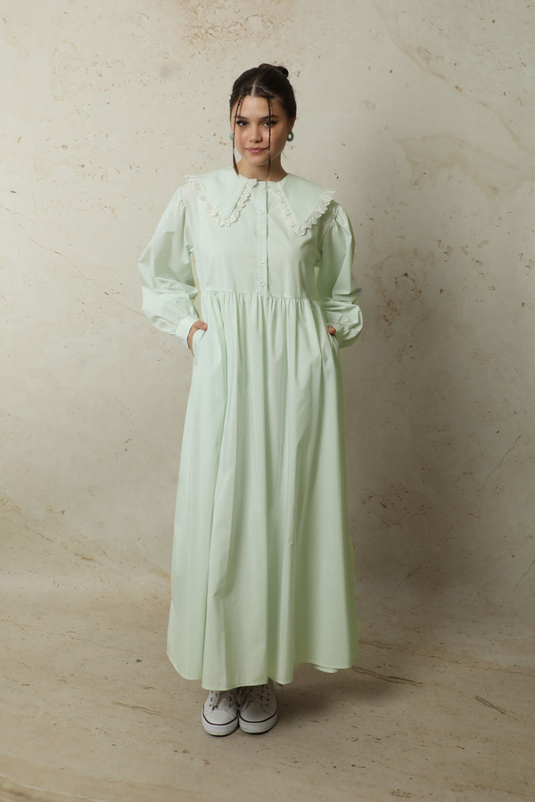 Çizgili Bebe Yaka Elbise Mint - 4