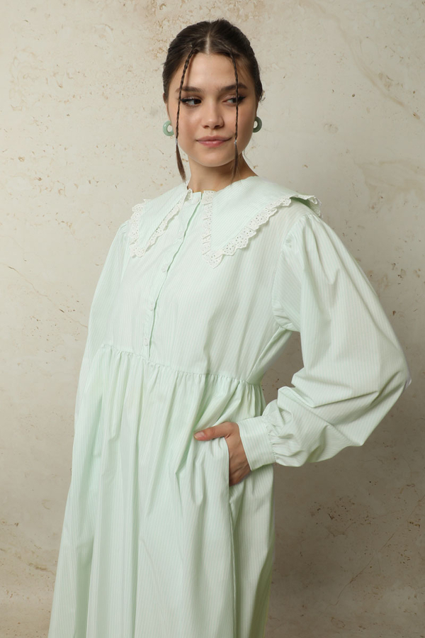 Çizgili Bebe Yaka Elbise Mint - 3