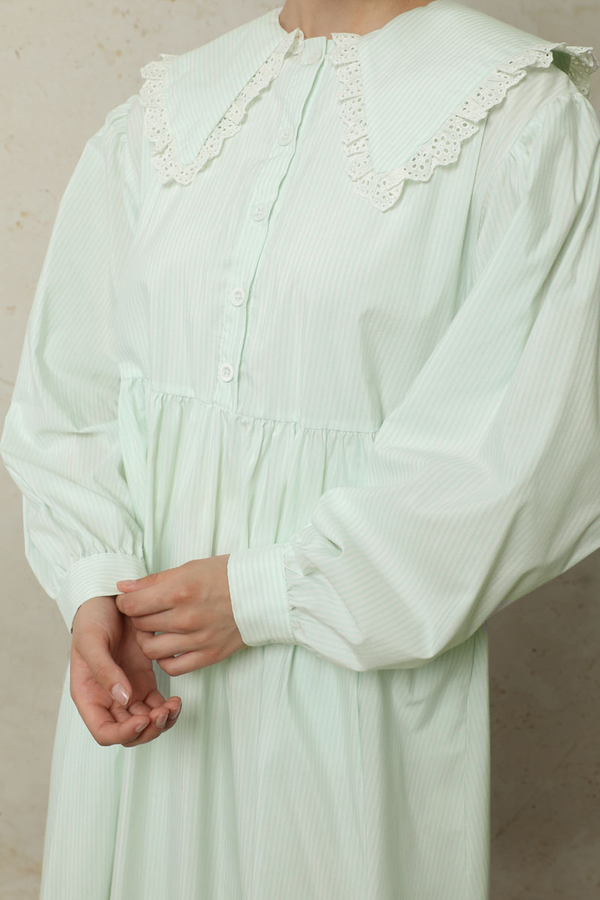 Çizgili Bebe Yaka Elbise Mint - 5