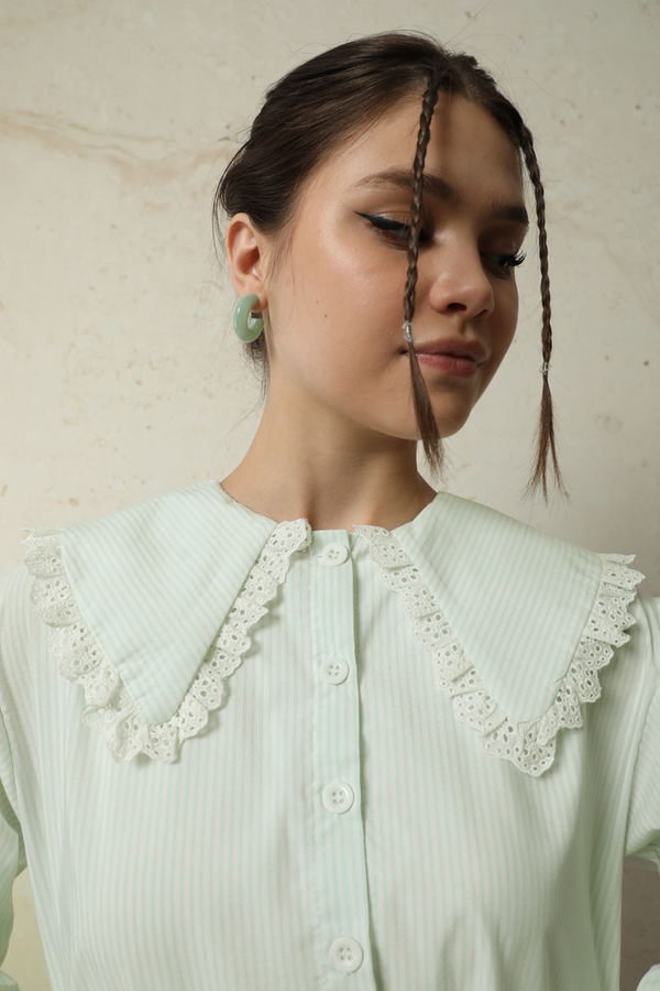 Çizgili Bebe Yaka Elbise Mint - 7