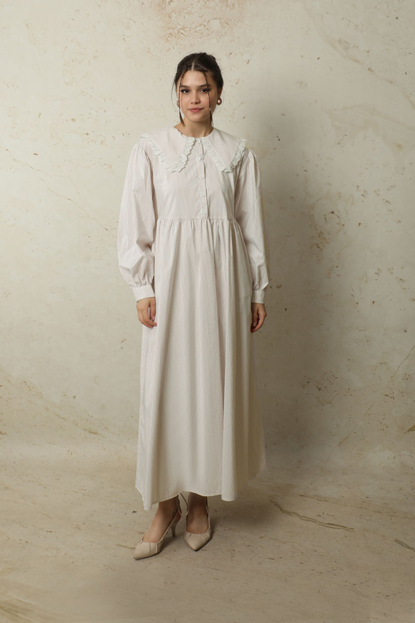 Çizgili Bebe Yaka Elbise Taş - 2