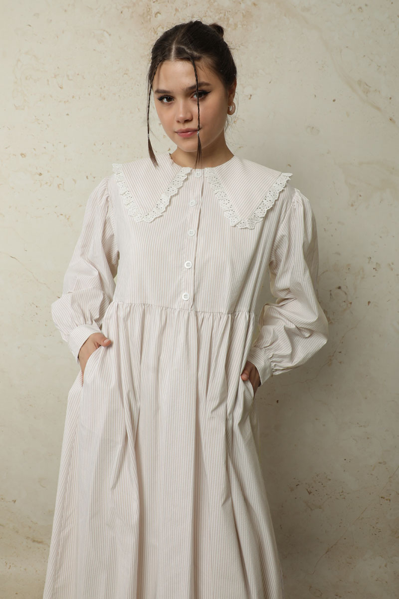 Çizgili Bebe Yaka Elbise Taş