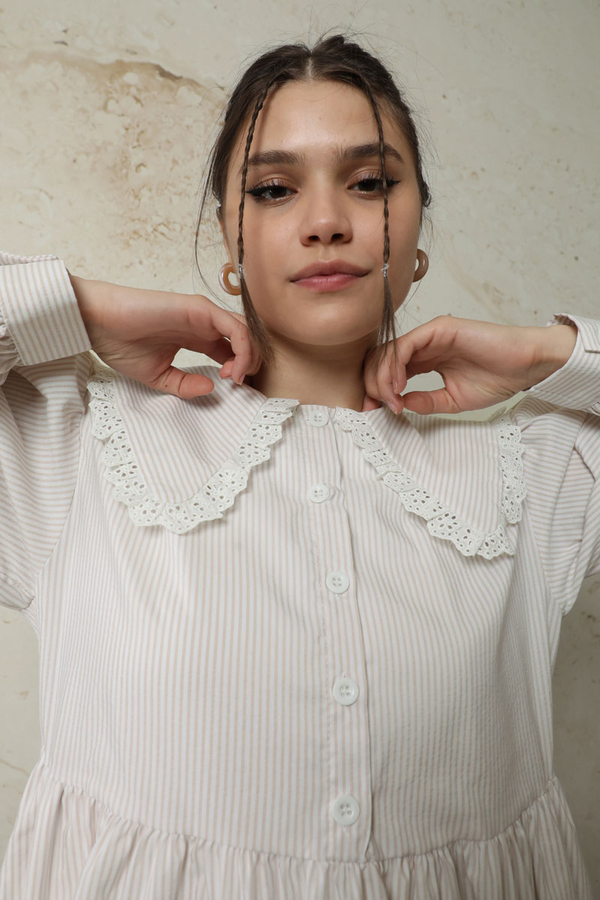 Çizgili Bebe Yaka Elbise Taş - 7