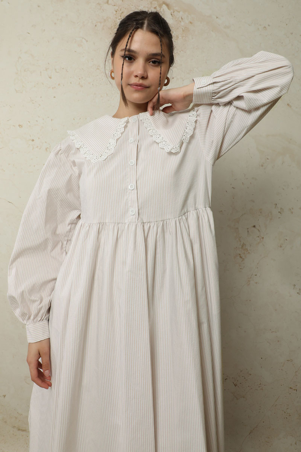 Çizgili Bebe Yaka Elbise Taş - 3