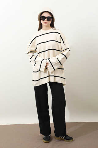 Çizgili Bisiklet Yaka Kazak Ekru - 2