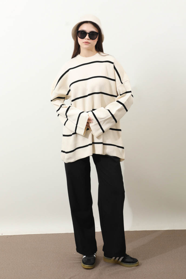 Çizgili Bisiklet Yaka Kazak Ekru - 2