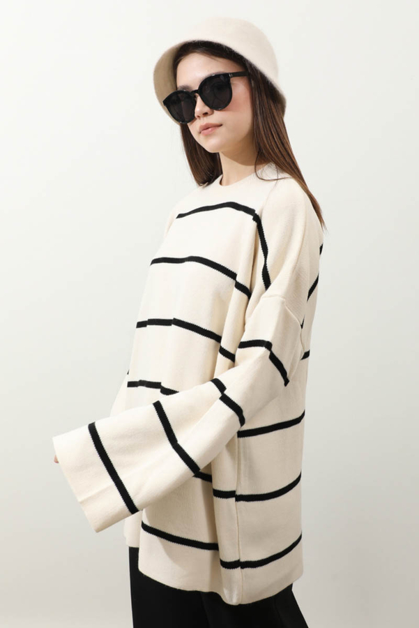 Çizgili Bisiklet Yaka Kazak Ekru - 1