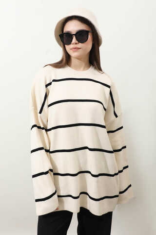 Çizgili Bisiklet Yaka Kazak Ekru - 3