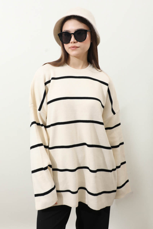 Çizgili Bisiklet Yaka Kazak Ekru - 3