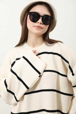Çizgili Bisiklet Yaka Kazak Ekru - 4