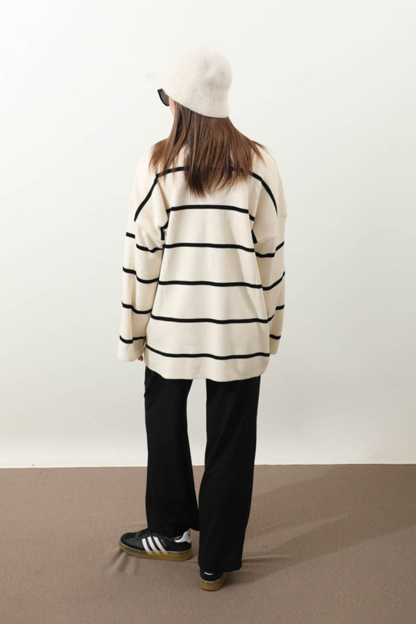 Çizgili Bisiklet Yaka Kazak Ekru - 5