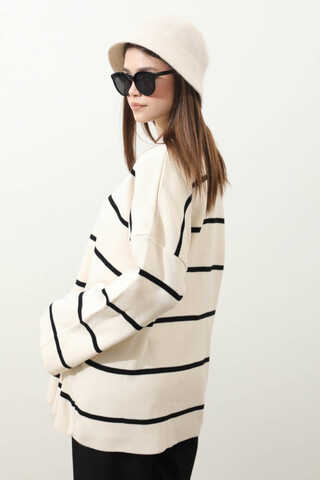 Çizgili Bisiklet Yaka Kazak Ekru - 6