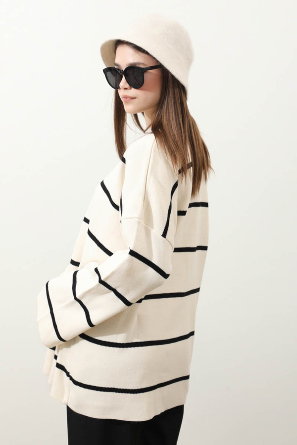 Çizgili Bisiklet Yaka Kazak Ekru - 6