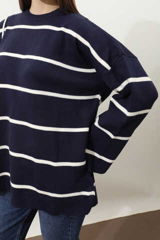 Çizgili Bisiklet Yaka Kazak Lacivert - 4