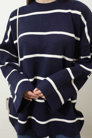 Çizgili Bisiklet Yaka Kazak Lacivert - 5