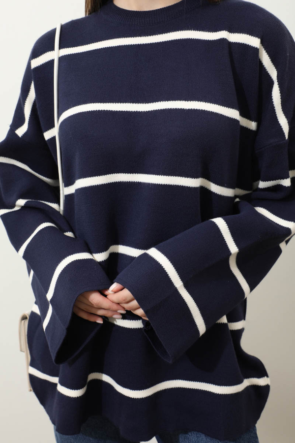 Çizgili Bisiklet Yaka Kazak Lacivert - 5