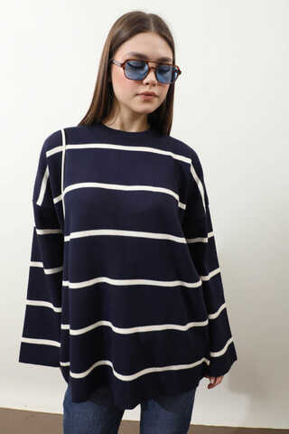 Çizgili Bisiklet Yaka Kazak Lacivert - 1