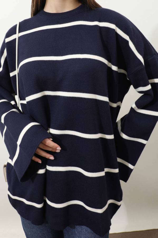 Çizgili Bisiklet Yaka Kazak Lacivert - 6