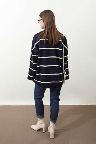 Çizgili Bisiklet Yaka Kazak Lacivert - 8