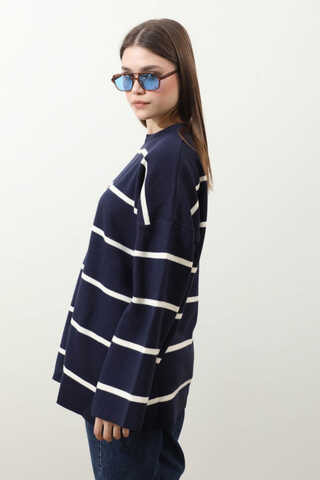 Çizgili Bisiklet Yaka Kazak Lacivert - 7