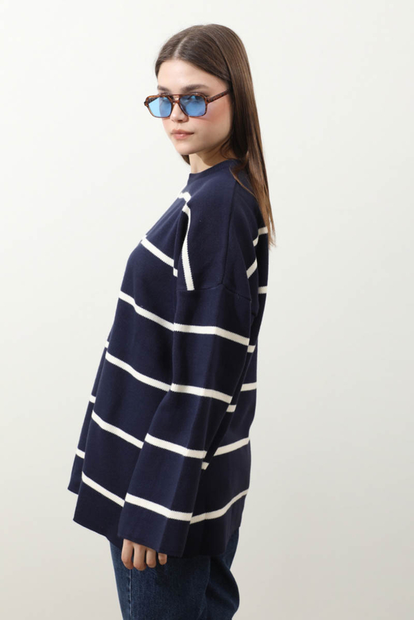 Çizgili Bisiklet Yaka Kazak Lacivert - 7