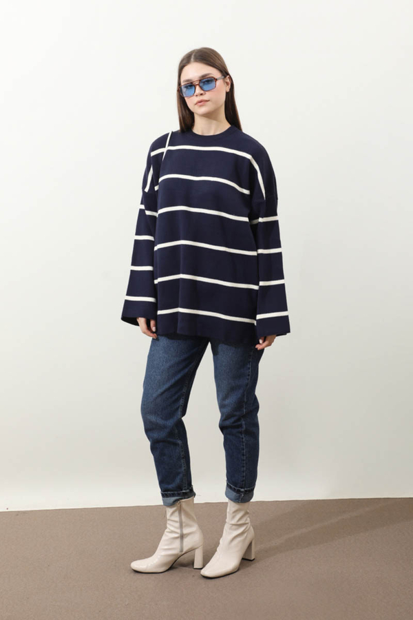 Çizgili Bisiklet Yaka Kazak Lacivert - 2