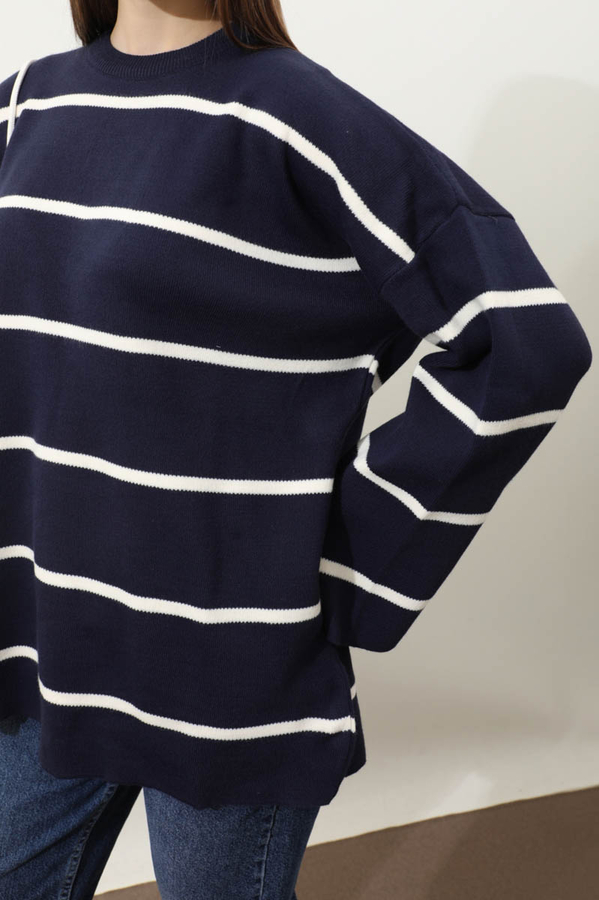 Çizgili Bisiklet Yaka Kazak Lacivert - 4