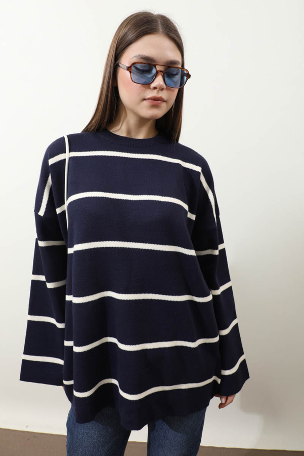 Çizgili Bisiklet Yaka Kazak Lacivert - 1