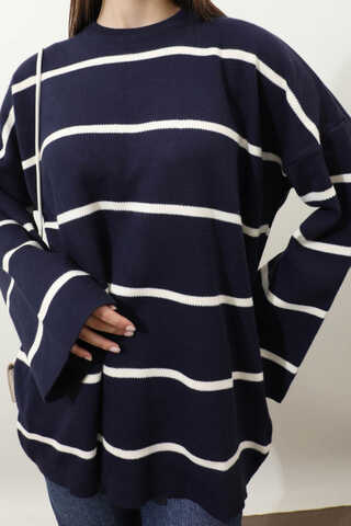 Çizgili Bisiklet Yaka Kazak Lacivert - 6