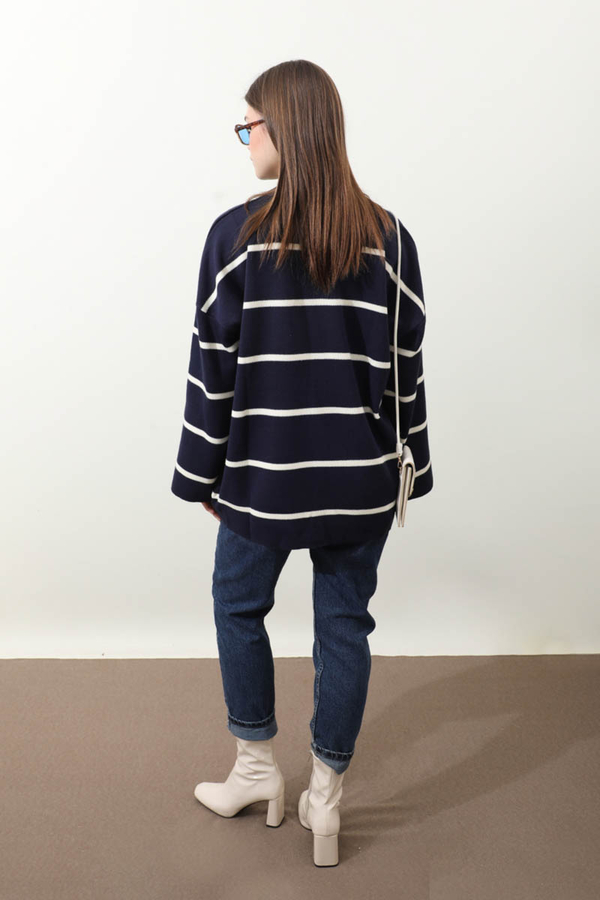 Çizgili Bisiklet Yaka Kazak Lacivert - 8