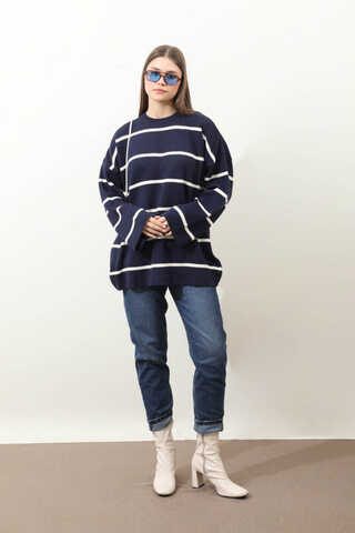 Çizgili Bisiklet Yaka Kazak Lacivert - 3