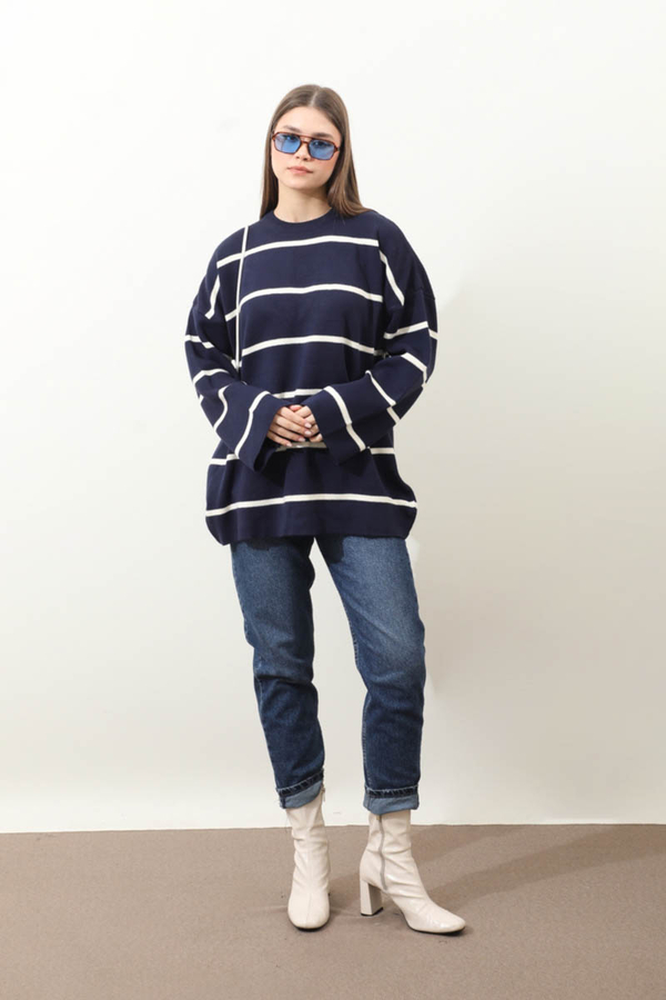 Çizgili Bisiklet Yaka Kazak Lacivert - 3