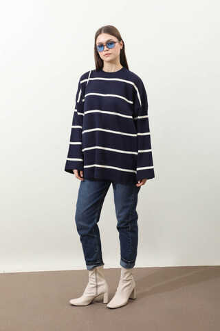 Çizgili Bisiklet Yaka Kazak Lacivert - 2