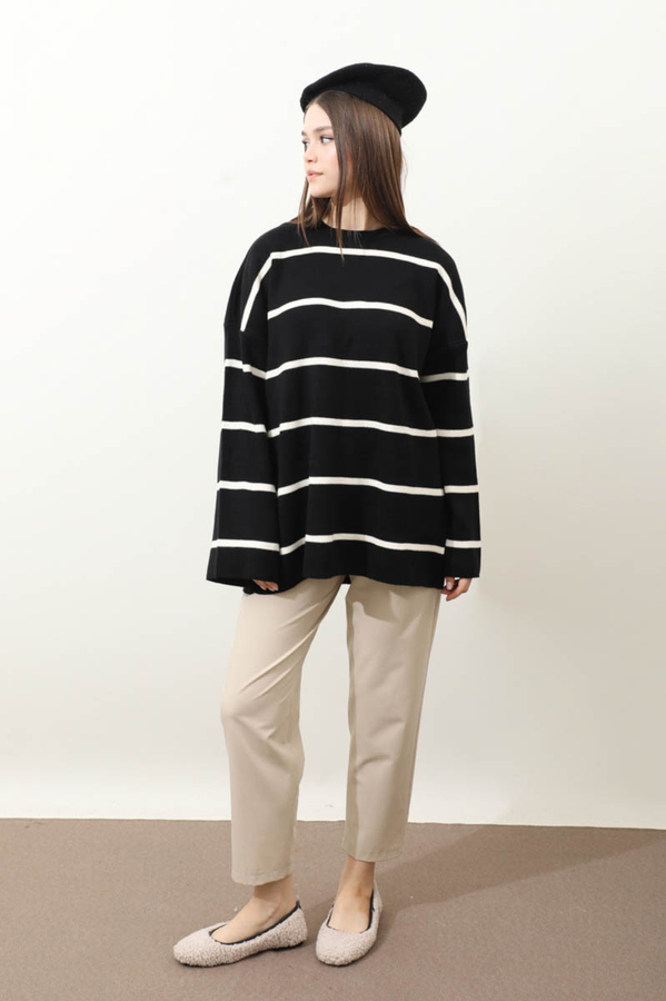 Çizgili Bisiklet Yaka Kazak Siyah - 2