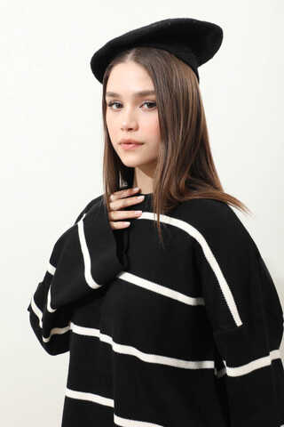 Çizgili Bisiklet Yaka Kazak Siyah - 4