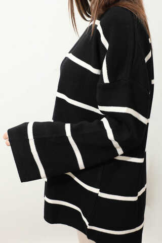 Çizgili Bisiklet Yaka Kazak Siyah - 5