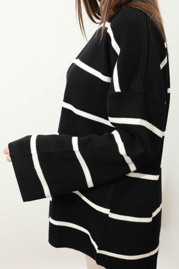 Çizgili Bisiklet Yaka Kazak Siyah - 5