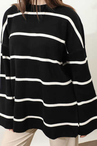 Çizgili Bisiklet Yaka Kazak Siyah - 6