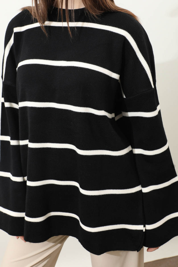 Çizgili Bisiklet Yaka Kazak Siyah - 6