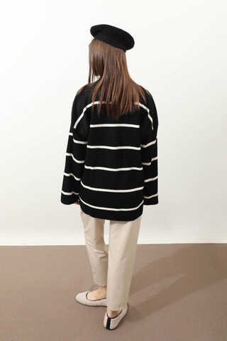 Çizgili Bisiklet Yaka Kazak Siyah - 7